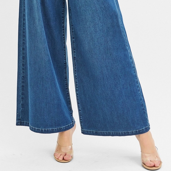 RISEN Palazzo Baggy Mid-Rise Pleated Ultra Wide Oversized Leg Jeans Denim Pants - Picture 12 of 16